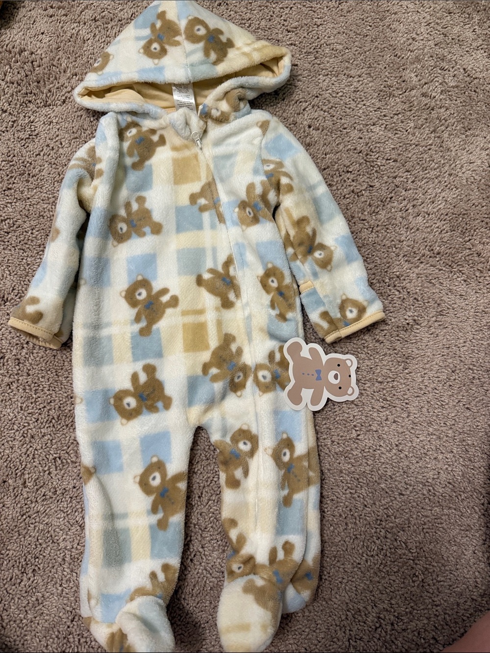 Little Begginings Cozy Teddy Fleece Footie in Blue, Cream & Brown size 6/9M-NWT